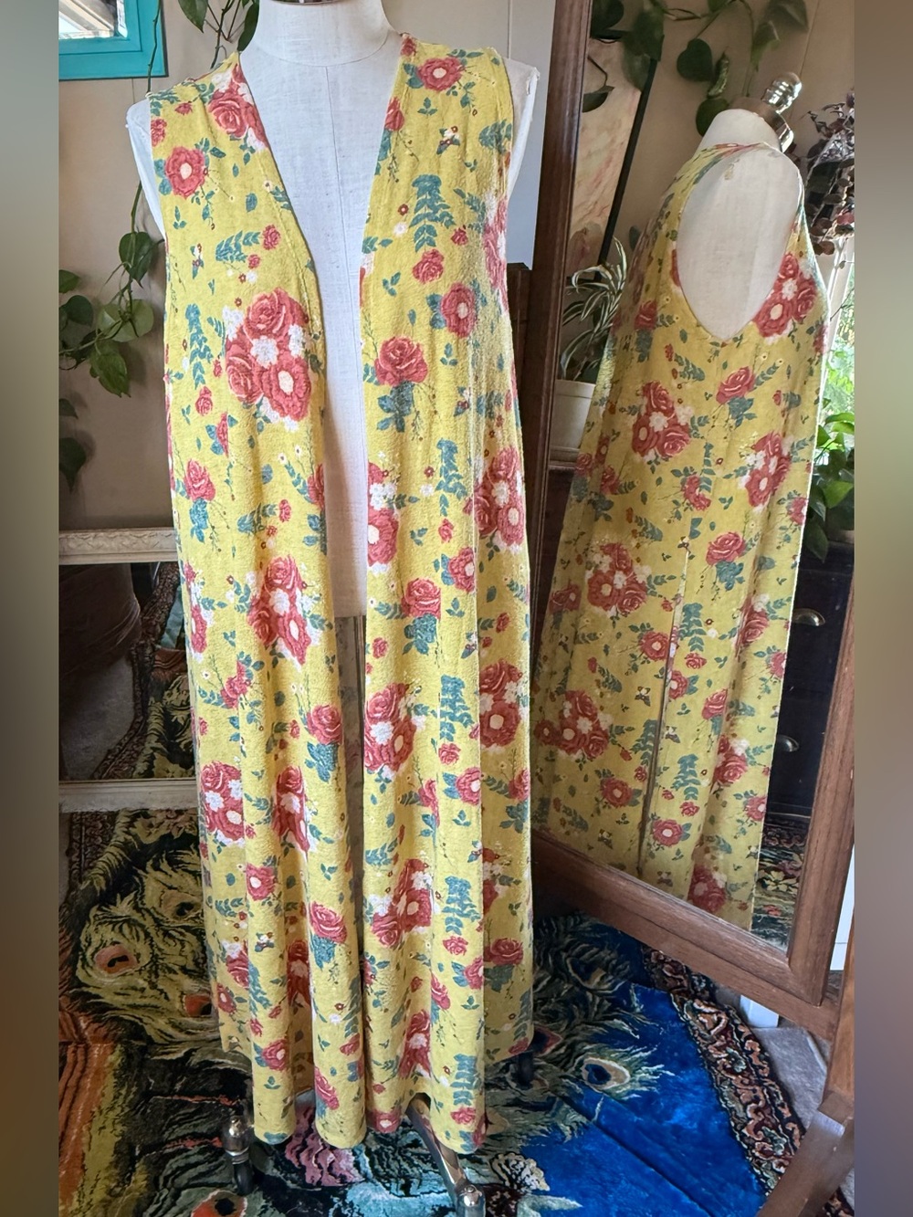 LuLaRoe Womens Duster Size Large Joy Long Vest Yellow Floral Fuzzy Textured